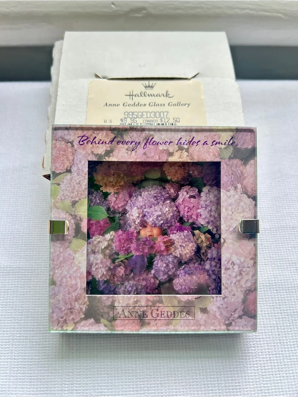 Hallmark Anne Geddes Glass Gallery Photo Frame Purple Lilacs 3” 1998 New In Box